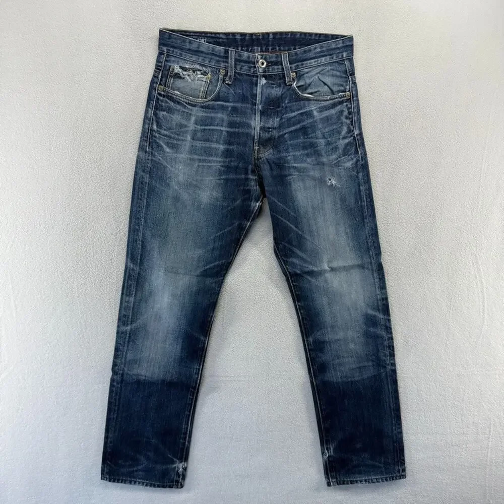G Star Raw Jeans Mens 30x36 Fits 30x29 Blue 3301 Tapered Dark Wash Whisker Faded
